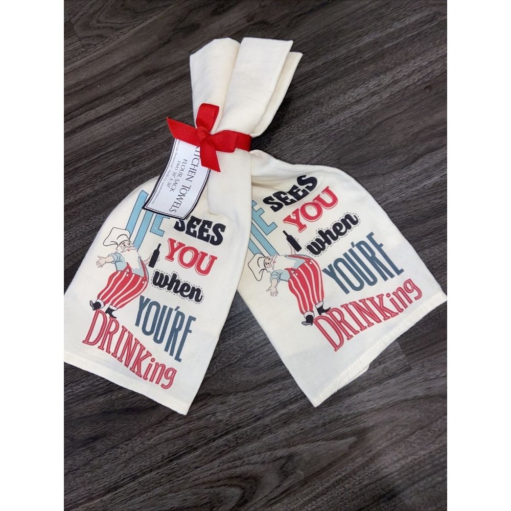2 Mary Lake-Thompson Flour Sack Santa "sees you when..." Kitchen Towels 30" NEW